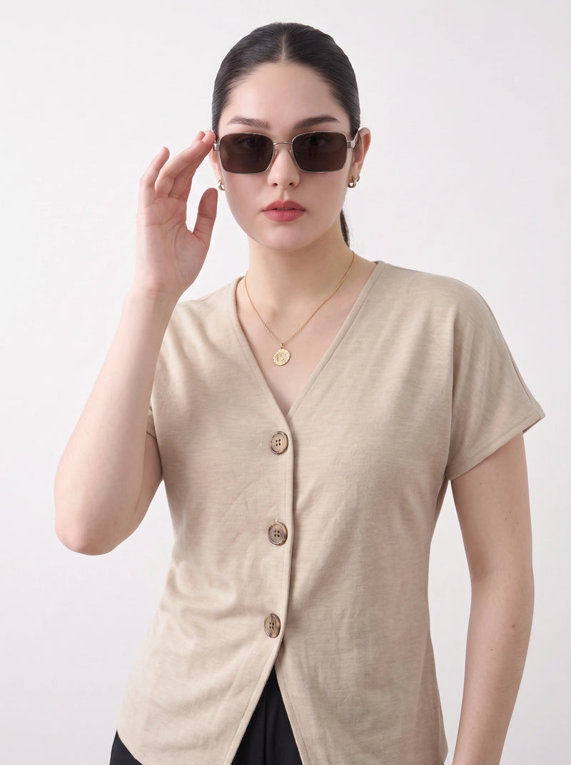 Beige Interlock Button Down Top | Montivo Pakistan