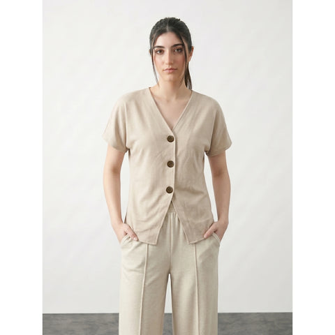 Beige Interlock Button Down Top | Montivo Pakistan