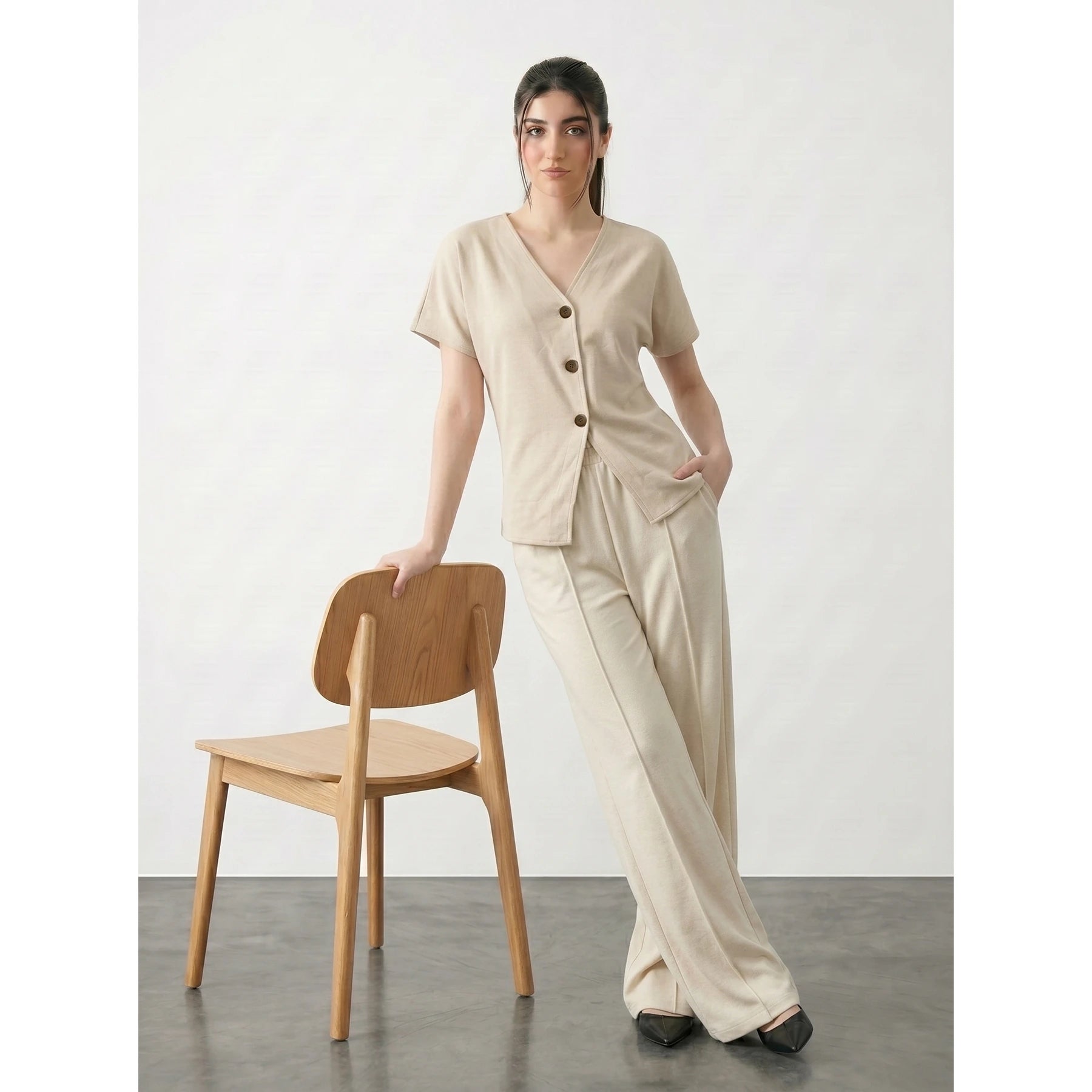 Beige Interlock Button Down Top | Montivo Pakistan