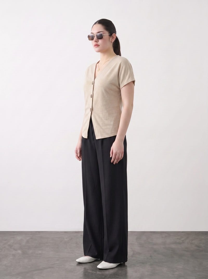 Beige Interlock Button Down Top | Montivo Pakistan