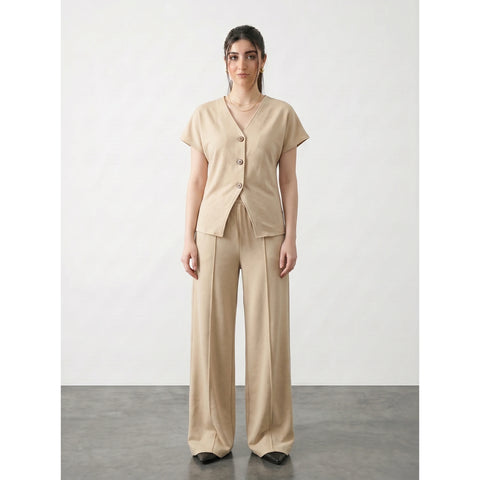 Wheat Interlock Button Down Top