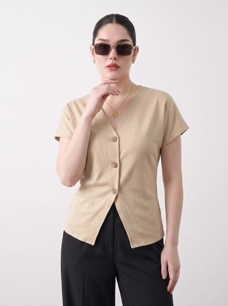 Wheat Interlock Button Down Top | Montivo Pakistan