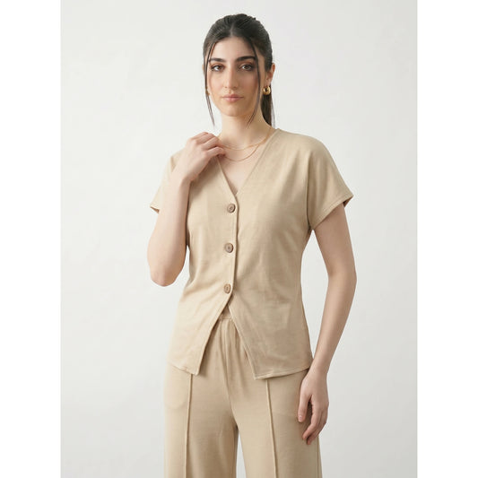 Wheat Interlock Button Down Top