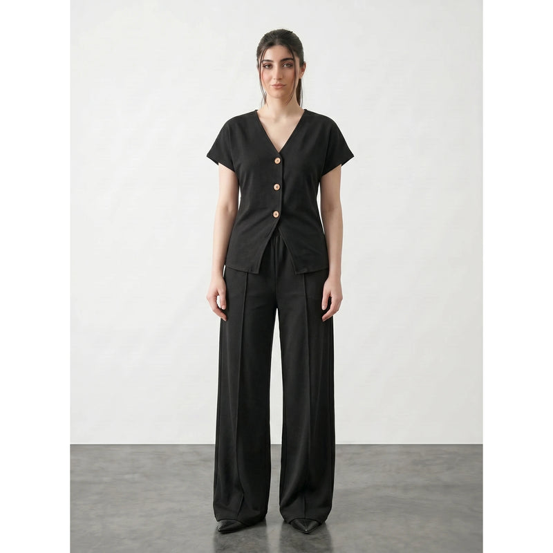 Black Interlock Button Down Top | Montivo Pakistan
