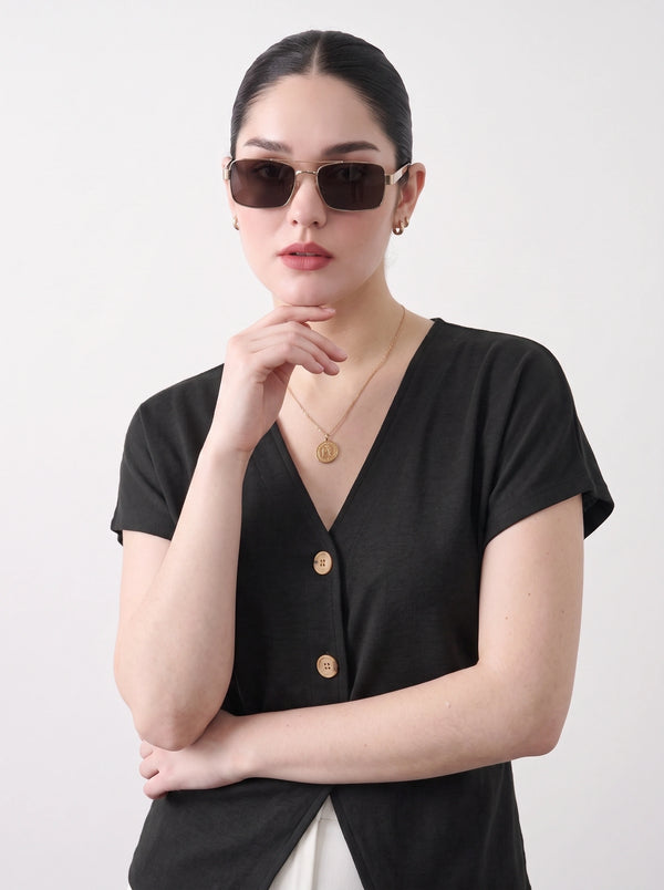 Black Interlock Button Down Top | Montivo Pakistan