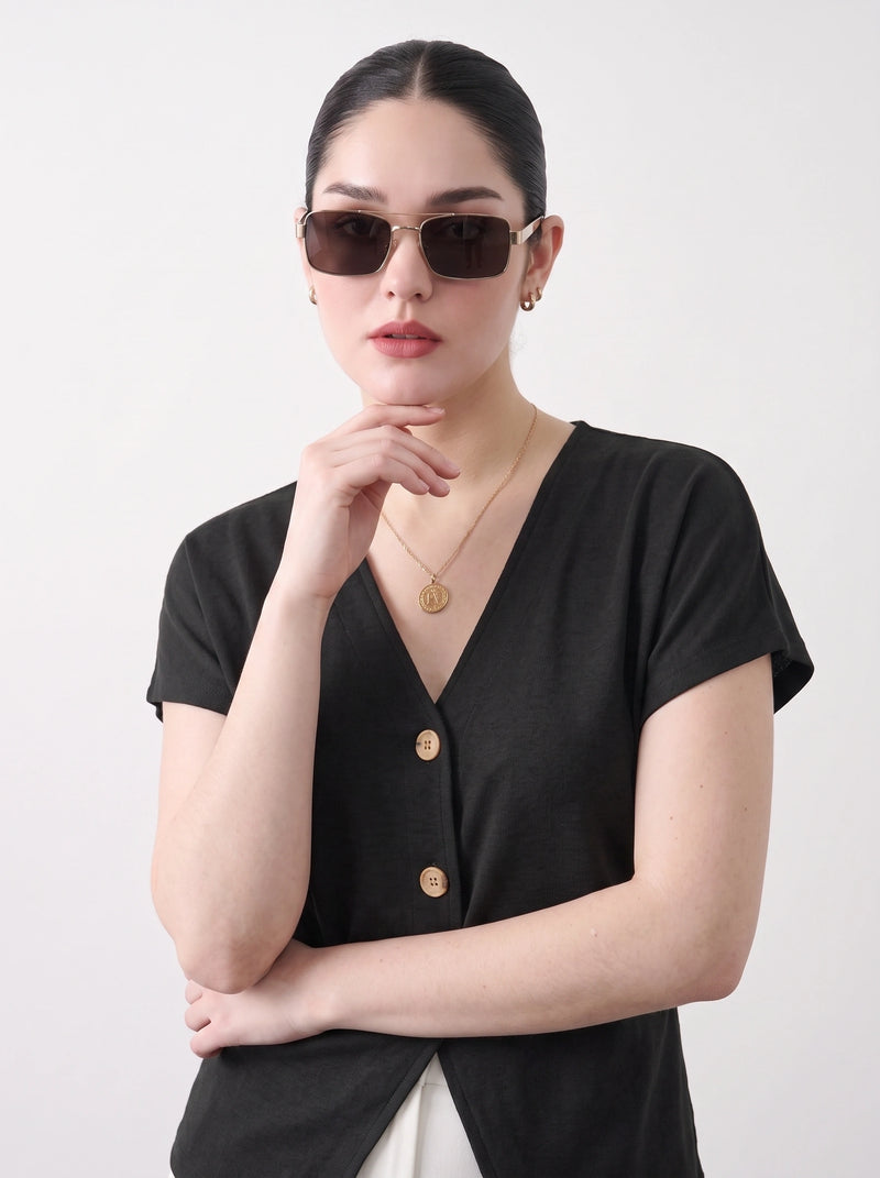Black Interlock Button Down Top | Montivo Pakistan