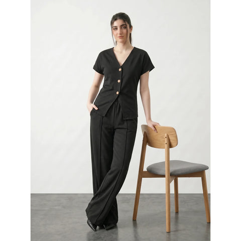 Black Interlock Button Down Top