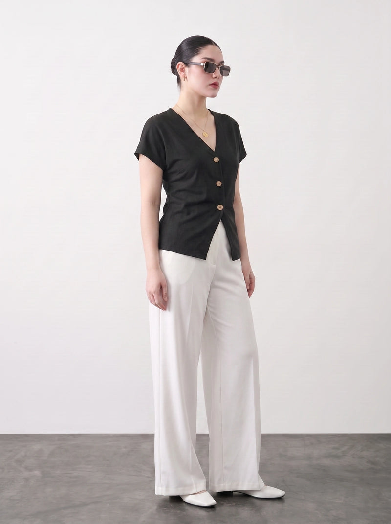 Black Interlock Button Down Top | Montivo Pakistan