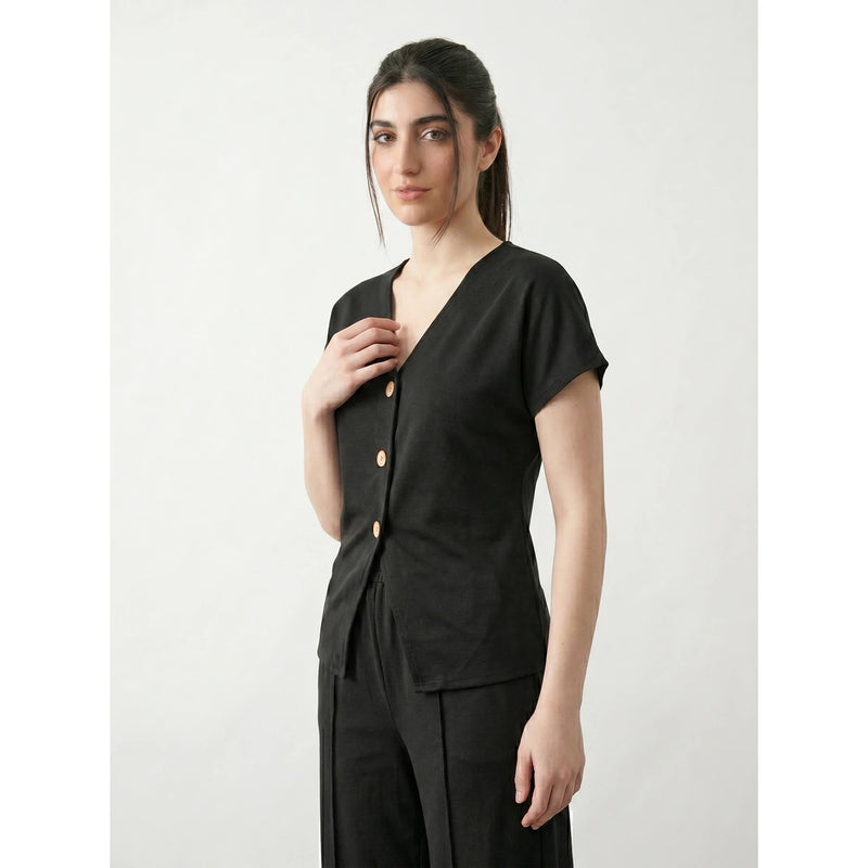 Black Interlock Button Down Top | Montivo Pakistan