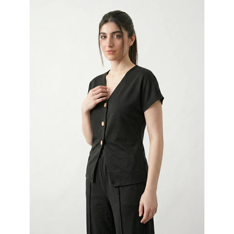 Black Interlock Button Down Top