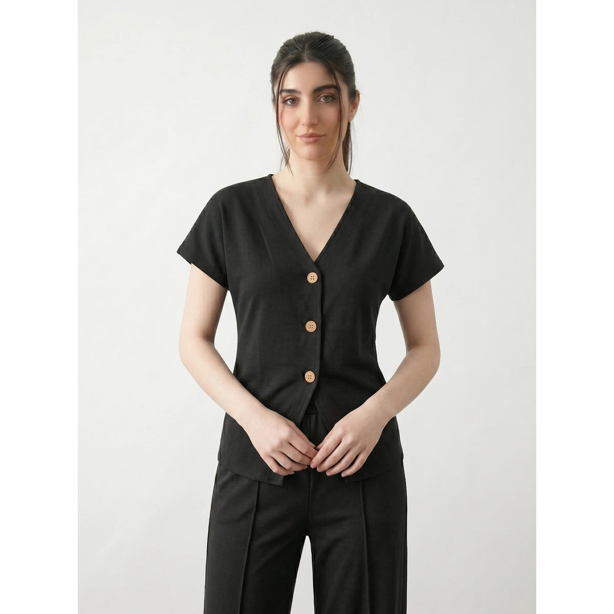 Black Interlock Button Down Top