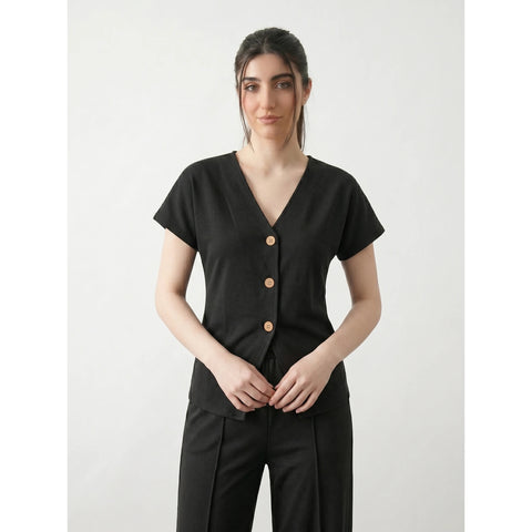 Black Interlock Button Down Top