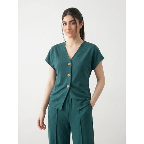 Teal Interlock Button Down Top