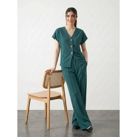 Teal Interlock Button Down Top