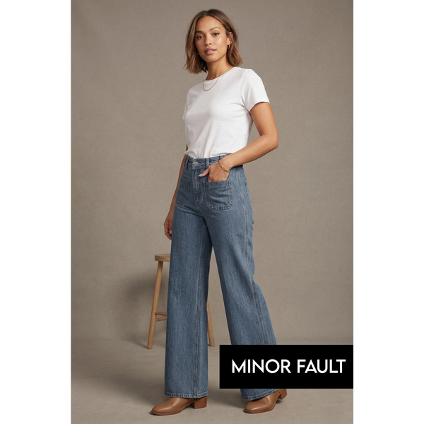 (Minor Fault) Mid Blue Patch Pocket Wide Leg Jeans | Montivo Pakistan