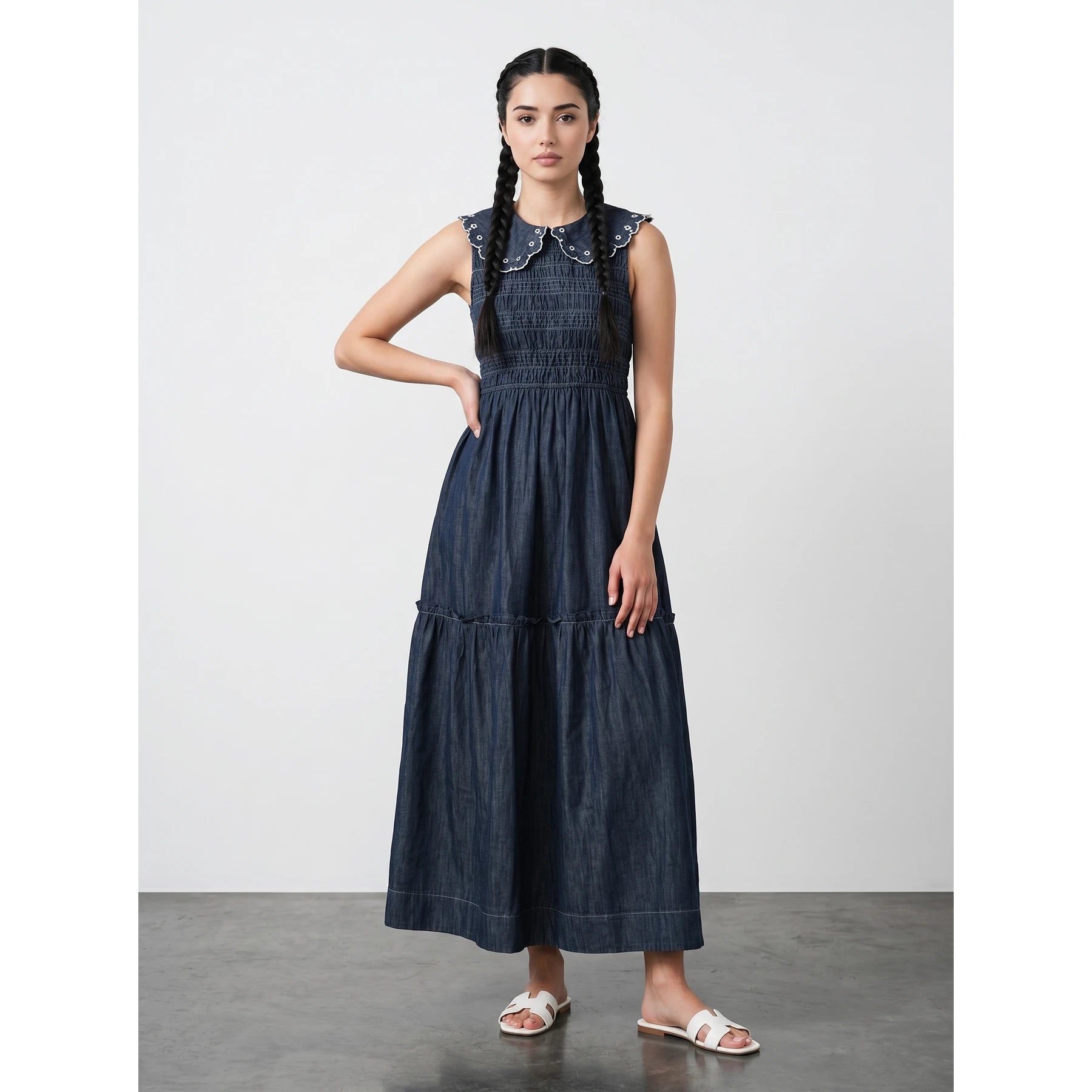 Rinse Wash Blue Denim Ruffle Dress | Montivo Pakistan