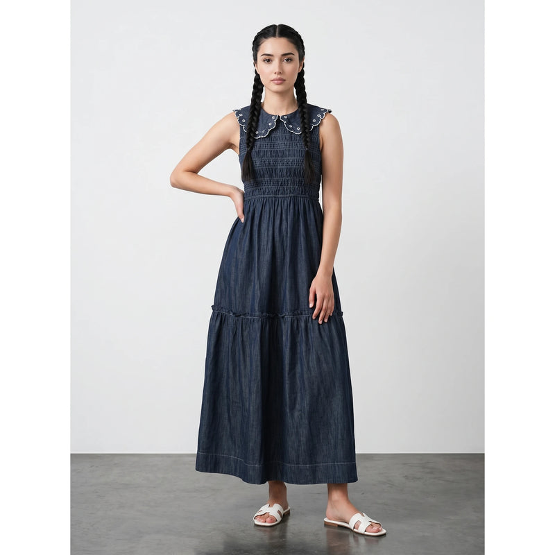 Rinse Wash Blue Denim Ruffle Dress | Montivo Pakistan