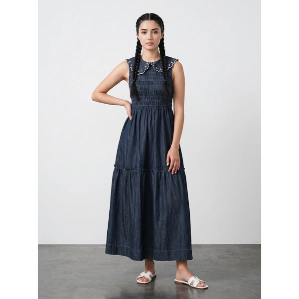 Rinse Wash Blue Denim Ruffle Dress | Montivo Pakistan