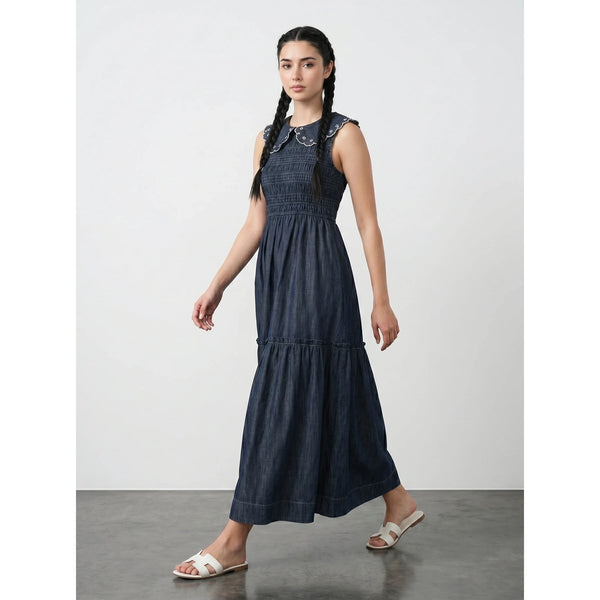 Rinse Wash Blue Denim Ruffle Dress | Montivo Pakistan