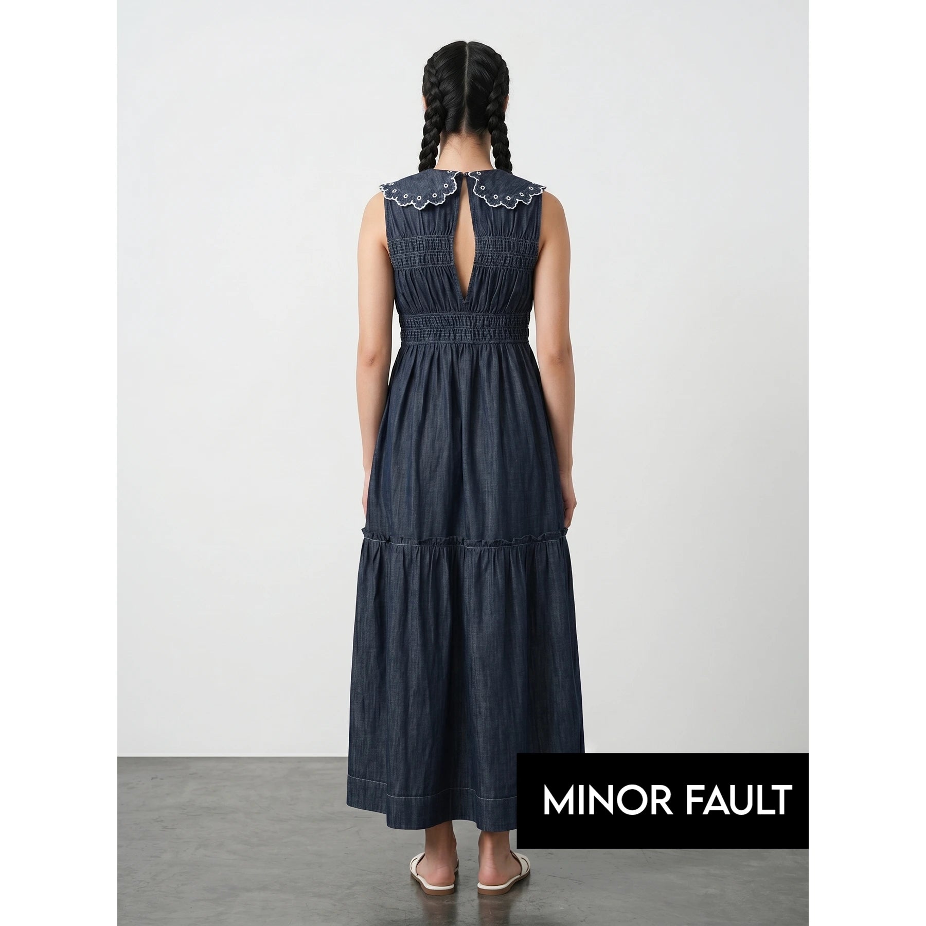 (Minor Fault) Rinse Wash Blue Denim Ruffle Dress | Montivo Pakistan