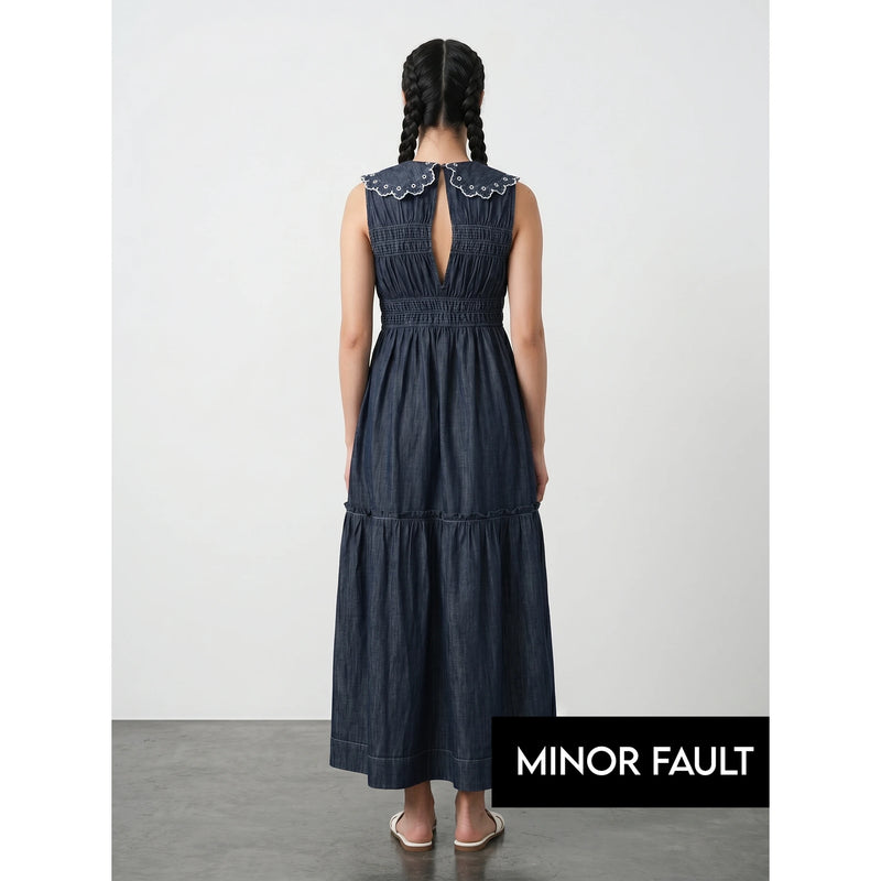 (Minor Fault) Rinse Wash Blue Denim Ruffle Dress | Montivo Pakistan