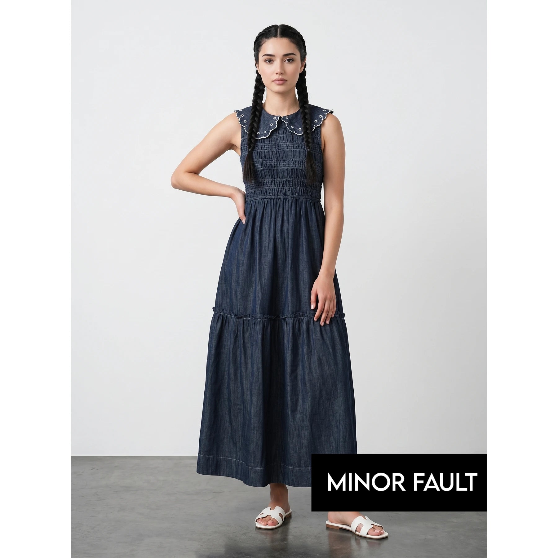 (Minor Fault) Rinse Wash Blue Denim Ruffle Dress | Montivo Pakistan