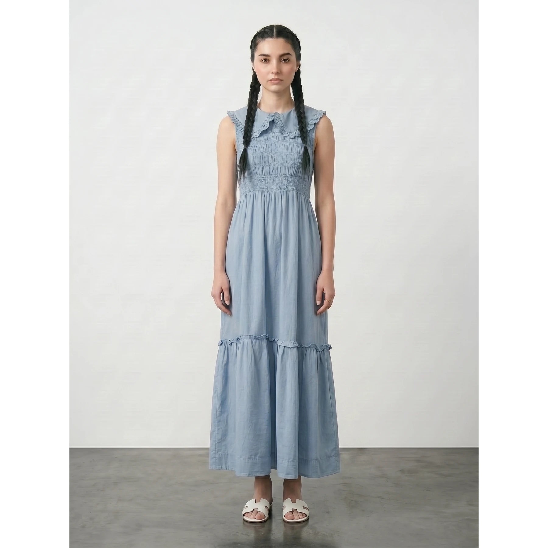 Light Blue Denim Ruffle Dress | Montivo Pakistan