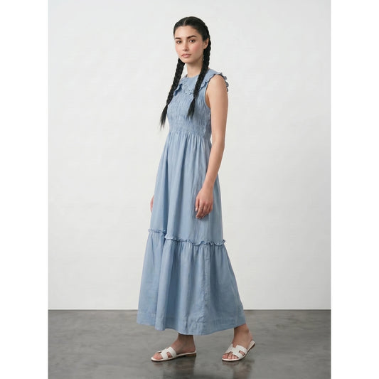 Light Blue Denim Ruffle Dress | Montivo Pakistan