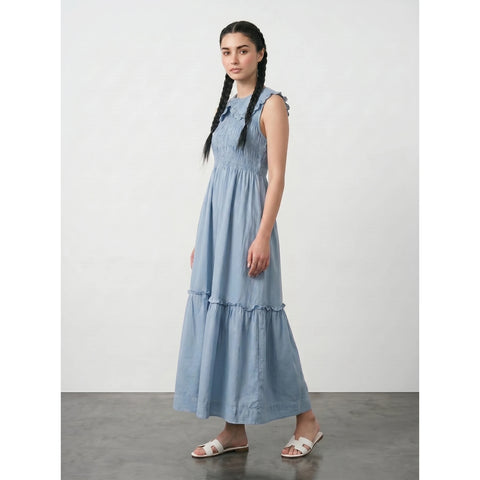 Light Blue Denim Ruffle Dress | Montivo Pakistan