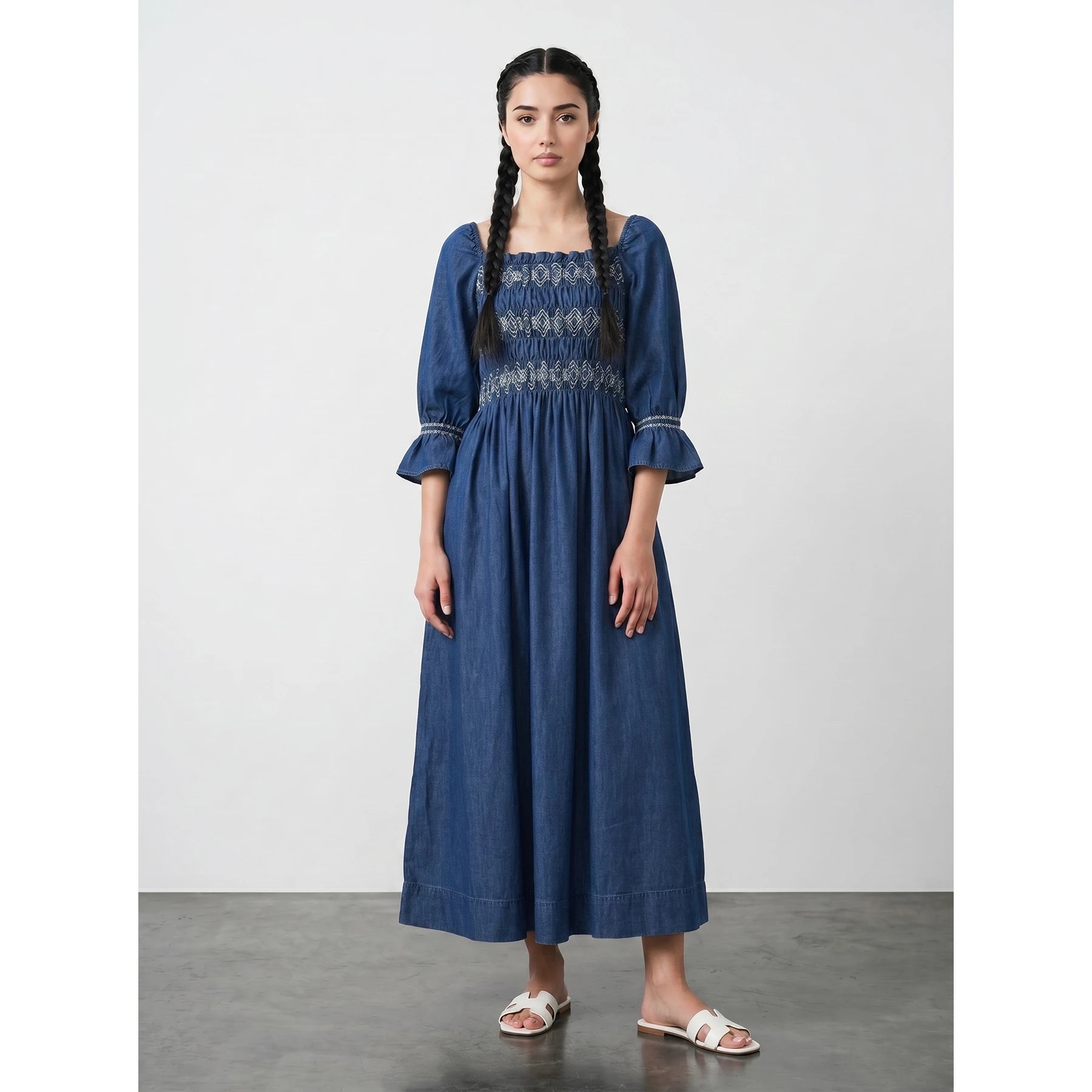 Blue Denim 3/4 Sleeves Dress | Montivo Pakistan