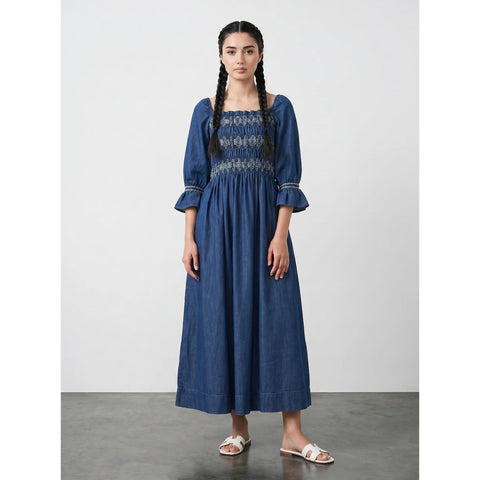 Blue Denim 3/4 Sleeves Dress | Montivo Pakistan