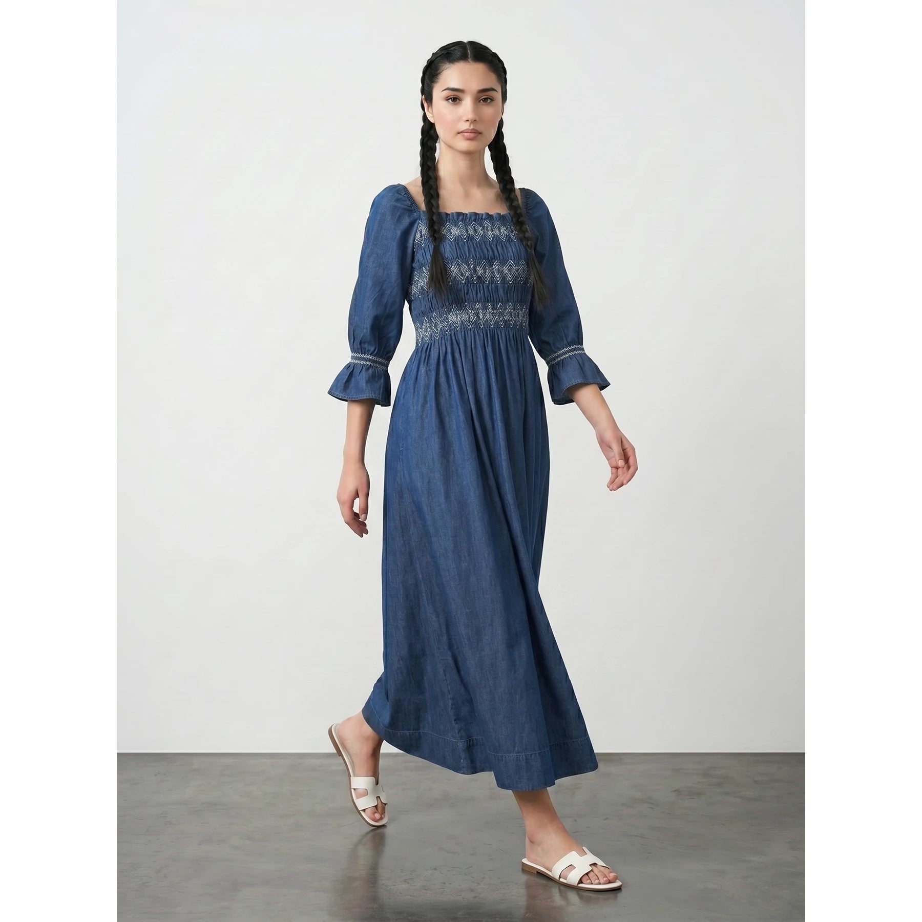 Blue Denim 3/4 Sleeves Dress | Montivo Pakistan