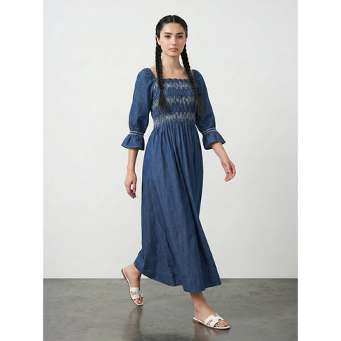 Blue Denim 3/4 Sleeves Dress | Montivo Pakistan
