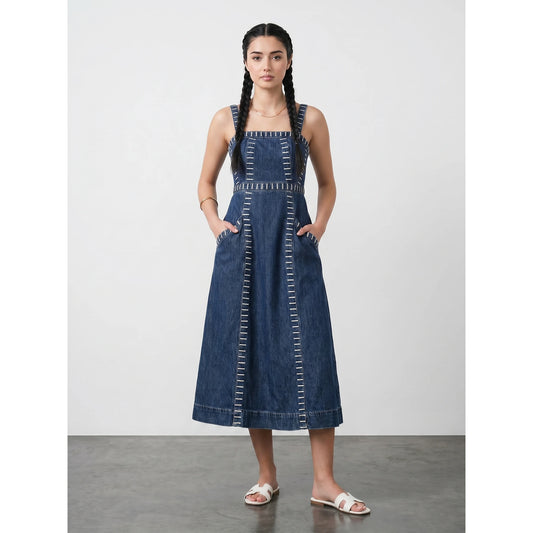 Blue Denim Detailed Sleeveless Midi Dress