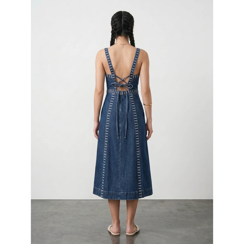 Blue Denim Detailed Sleeveless Midi Dress | Montivo Pakistan