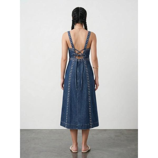 Blue Denim Detailed Sleeveless Midi Dress | Montivo Pakistan