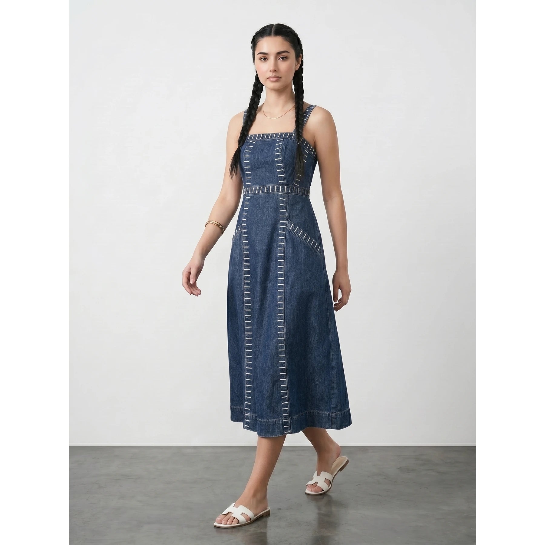 Blue Denim Detailed Sleeveless Midi Dress | Montivo Pakistan