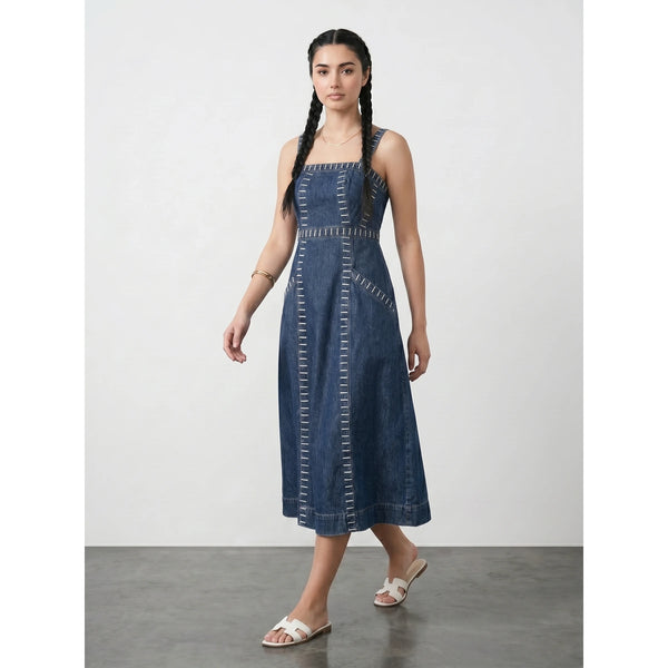 Blue Denim Detailed Sleeveless Midi Dress | Montivo Pakistan