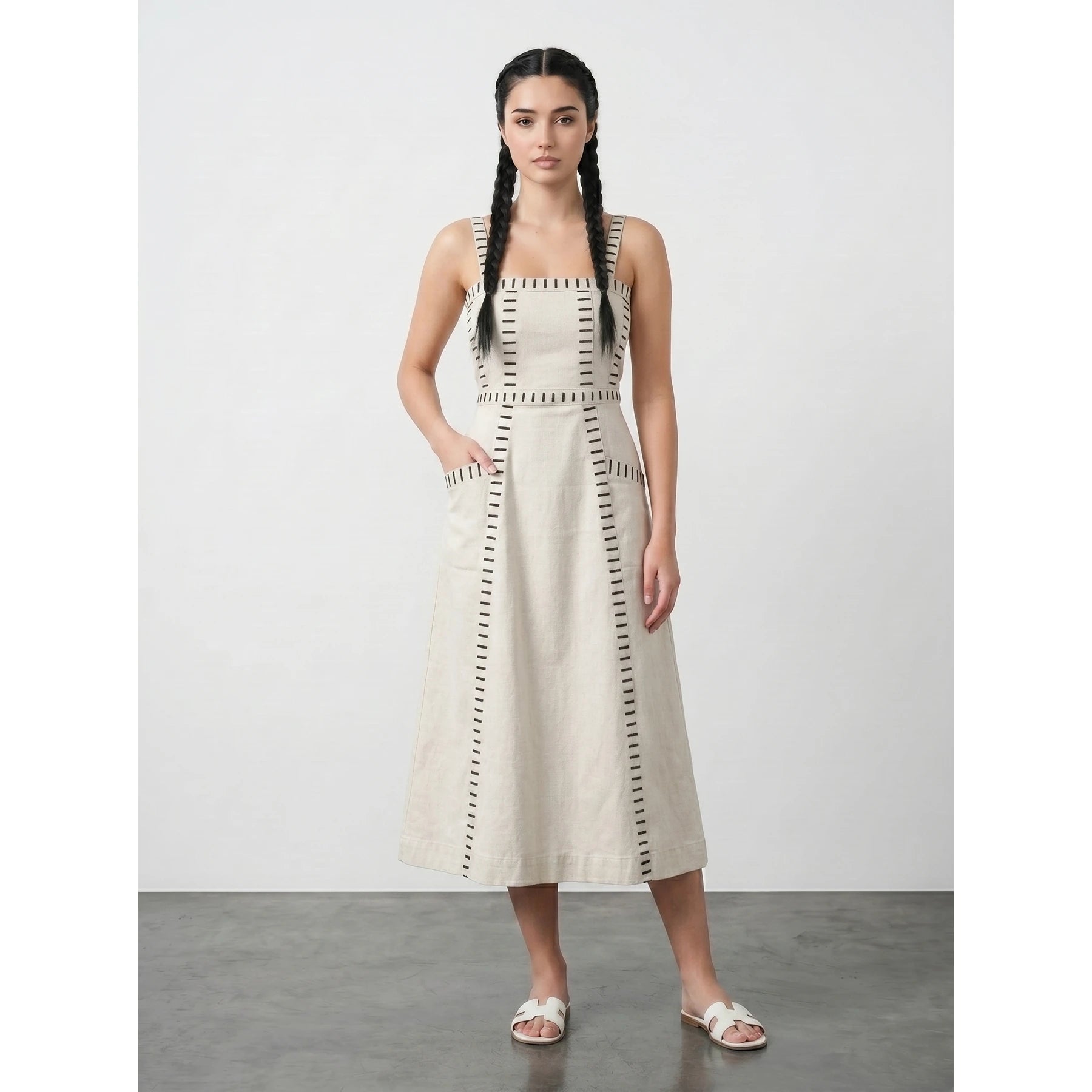 Ecru Denim Detailed Sleeveless Midi Dress | Montivo Pakistan