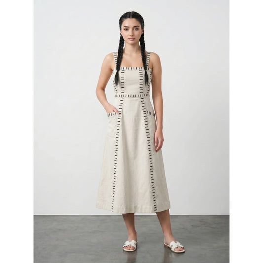 Ecru Denim Detailed Sleeveless Midi Dress