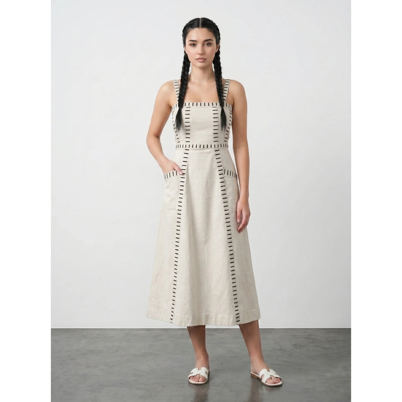 Ecru Denim Detailed Sleeveless Midi Dress | Montivo Pakistan