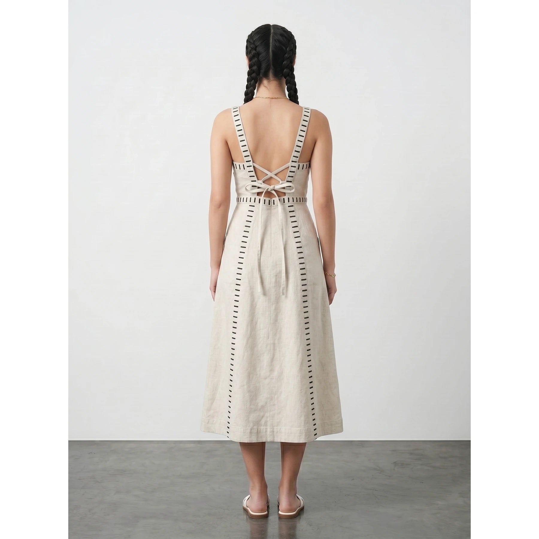 Ecru Denim Detailed Sleeveless Midi Dress | Montivo Pakistan