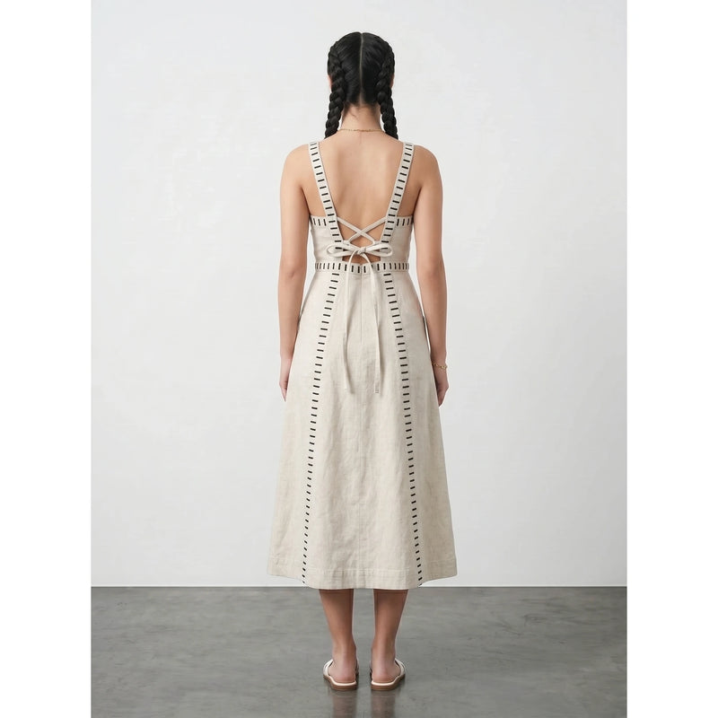 Ecru Denim Detailed Sleeveless Midi Dress | Montivo Pakistan