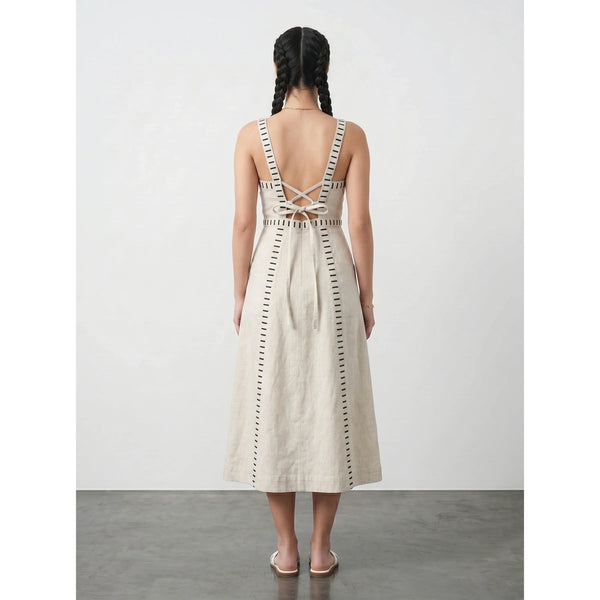 Ecru Denim Detailed Sleeveless Midi Dress | Montivo Pakistan