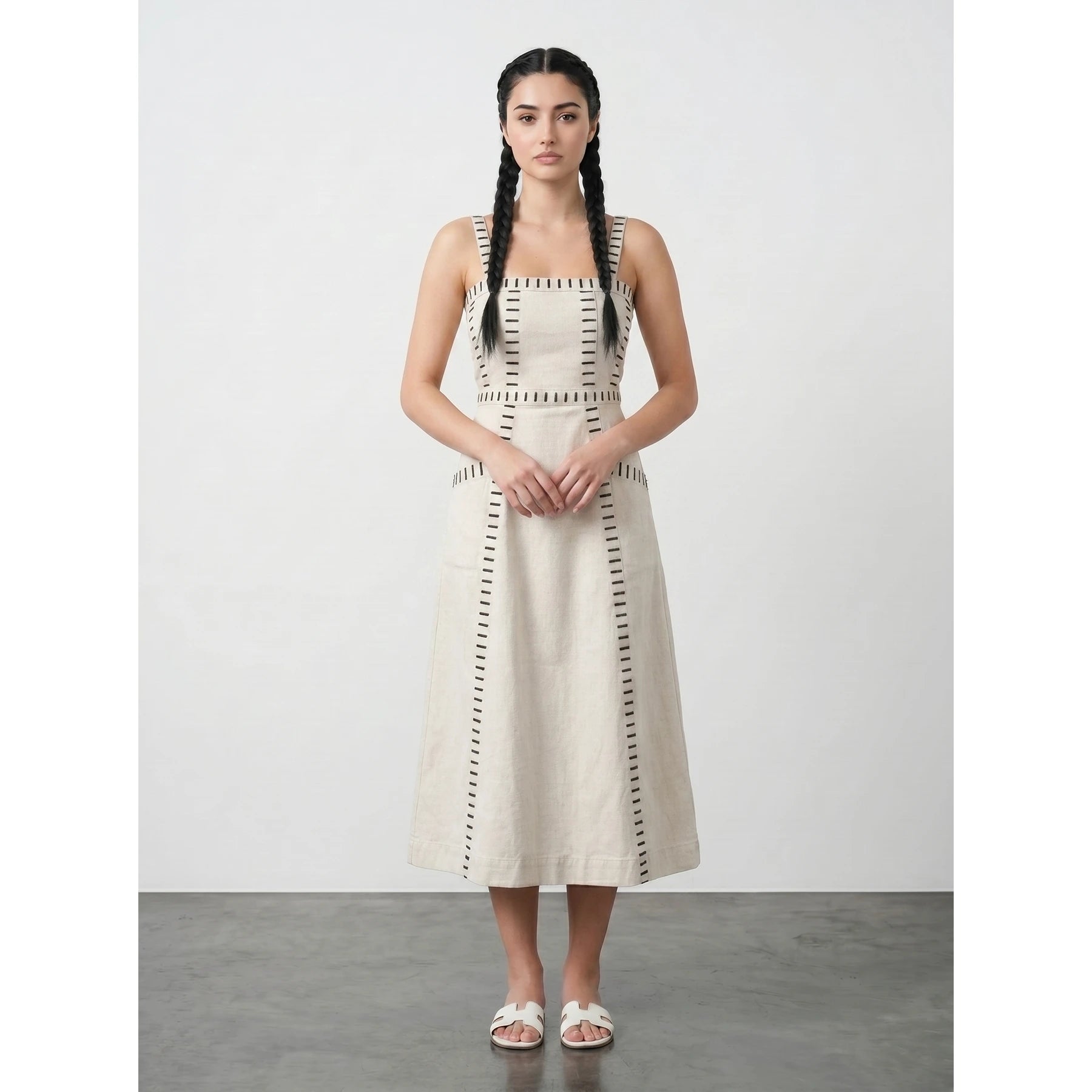 Ecru Denim Detailed Sleeveless Midi Dress | Montivo Pakistan