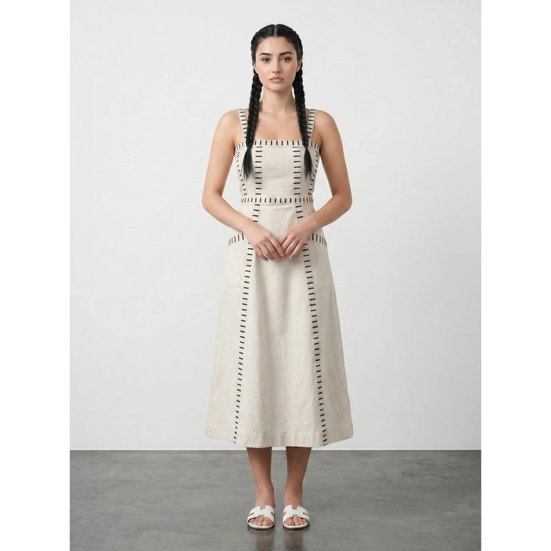 Ecru Denim Detailed Sleeveless Midi Dress | Montivo Pakistan