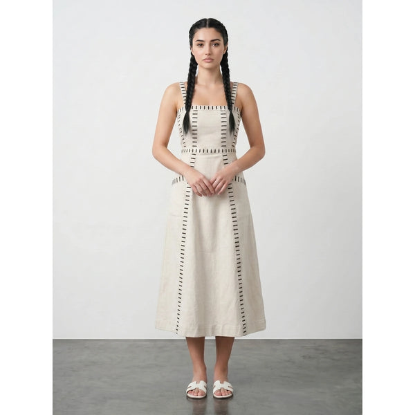 Ecru Denim Detailed Sleeveless Midi Dress | Montivo Pakistan