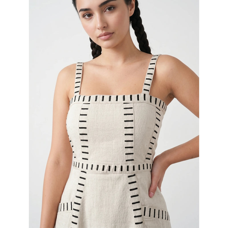 Ecru Denim Detailed Sleeveless Midi Dress | Montivo Pakistan