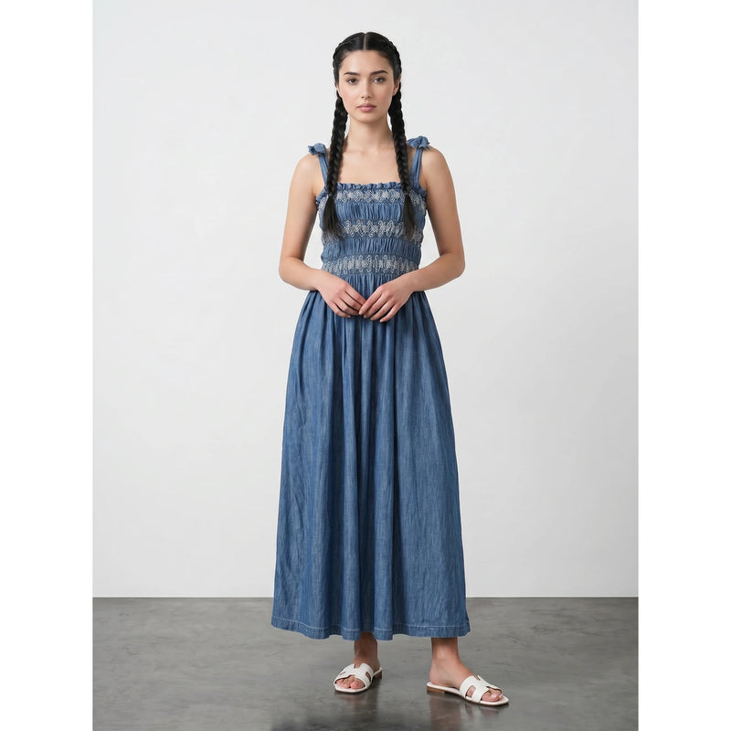 Blue Tie Denim Dress | Montivo Pakistan