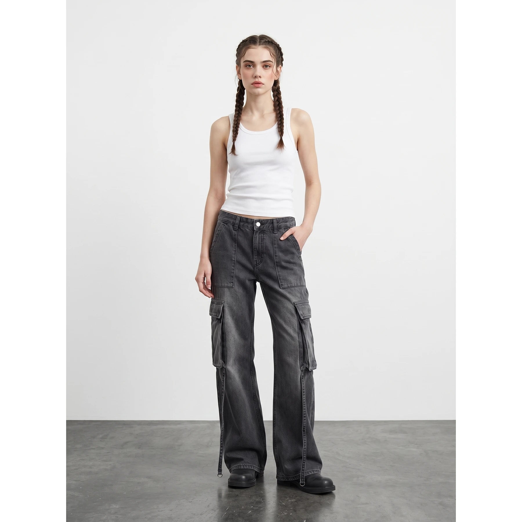 Charcoal Wide Leg Cargo Jeans